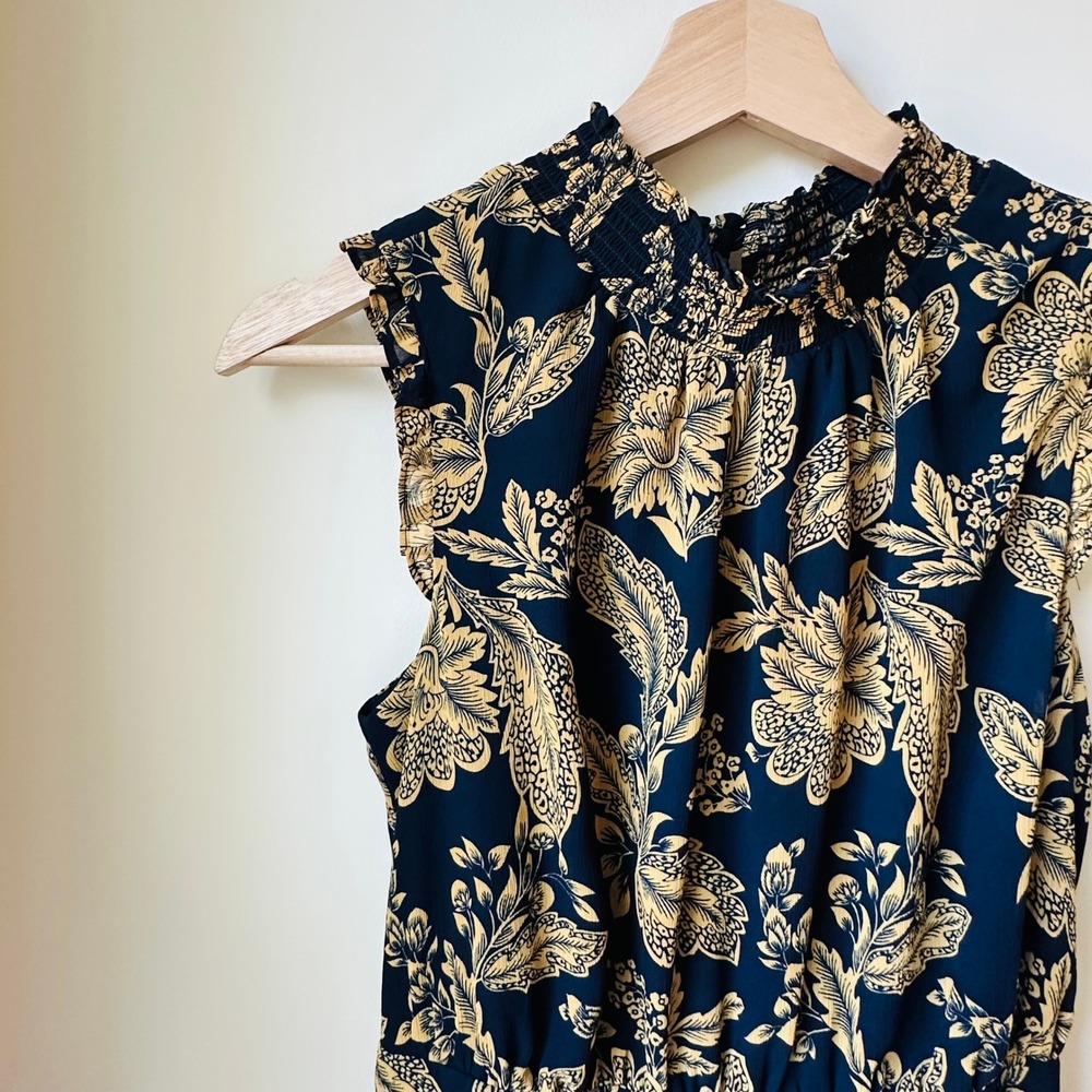 J. Crew Blue Midi Dress with Gold Floral Motif - Picture 3 of 8